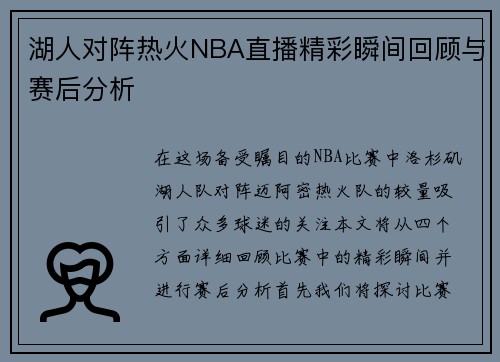 湖人对阵热火NBA直播精彩瞬间回顾与赛后分析