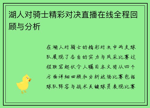 湖人对骑士精彩对决直播在线全程回顾与分析